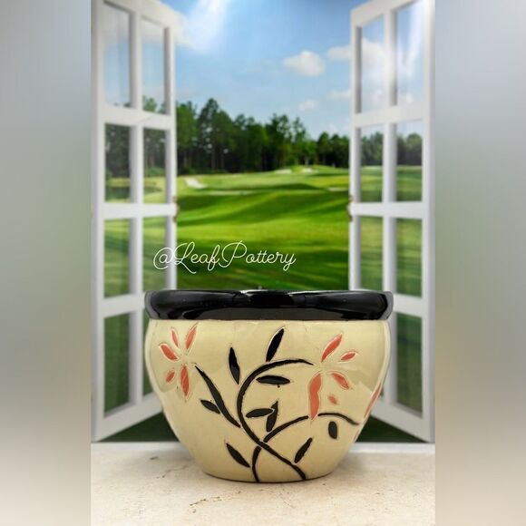 Floral Nerine Beige/Black Ceramic Planter Pot - Picture 1 of 11